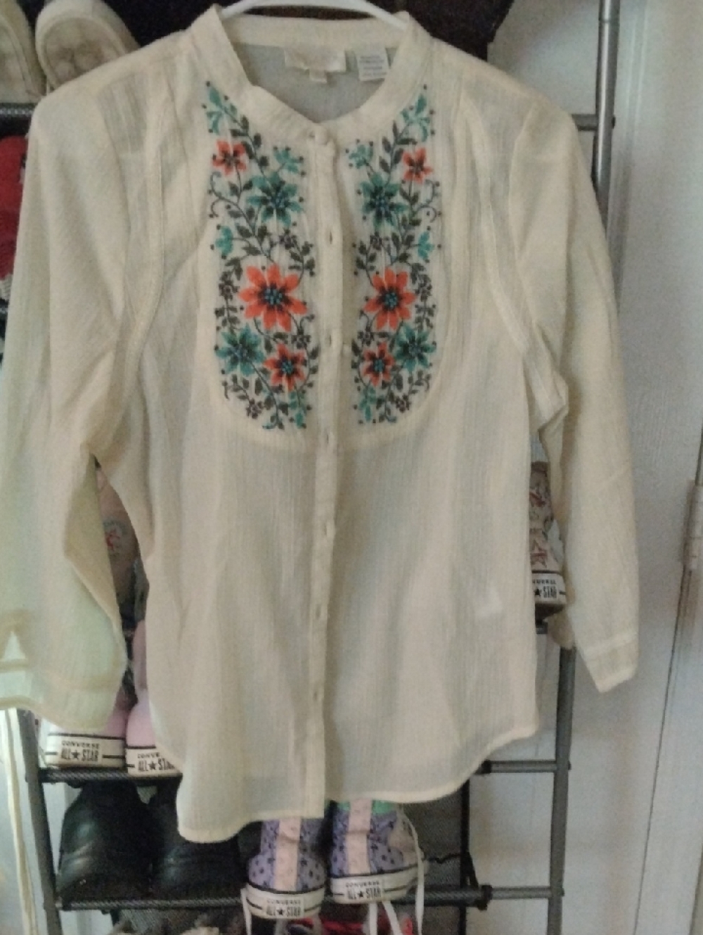 Miss Me Cream Button-Up Blouse with Teal and Orange Floral Embroidery